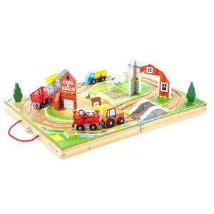 Melissa & Doug 17-Piece Wooden Take-Along Tabletop Farm, 4 Farm Vehicles, Play Pieces, Barn, Grain House by Melissa & Doug