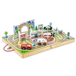 Melissa & Doug 18-Piece Wooden Take-Along Tabletop Town, 4 Rescue Vehicles, Play Pieces, Bridge from Melissa & Doug