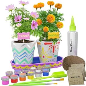 Paint & Plant Stoneware Flower Gardening Kit - Birthday Gifts for Girls & Boys Ages 4 5 6 7 8 9 10 Year Old Girl - Kids Arts & Crafts Project Science Gift STEM Activity - Grow Cosmos Zinnia & Marigold by Dan&Darci