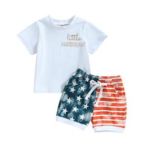 LIN&BABAY Infant Baby Boy 4th of July Outfits Short Sleeve T-shirts Tops American Flag Shorts 2 Pcs Independence Day Clothes (White B, 12-18 Months) by 