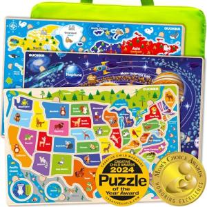 Jigsaw Puzzles for Kids Ages 4-8 by Quokka â Toddler Educational Toys for 3-5-7 Years Old Boys and Girls â Wooden Preschool Game for Learning World Map and USA States and Capitals â Gift for Children by Adducate Ukraine LLC
