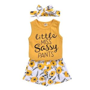 Toddler Baby Girl Outfits Flower Tops Sleeveless Vest Shorts Headband Summer Clothes Set(3-4T) Yellow from 