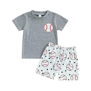 Toddler Baby Boy Summer Baseball Outfit Letters Print T-Shirt Tops and Baseball Shorts 2Pcs Casual Clothes Set (Gray, 12-18 Months) from BULINGNA