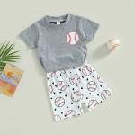 Toddler Baby Boy Summer Baseball Outfit Letters Print T-Shirt Tops and Baseball Shorts 2Pcs Casual Clothes Set (Gray, 12-18 Months) from BULINGNA