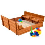 Best Choice Products 47x47in Kids Large Wooden Sandbox for Backyard, Outdoor Play w/Cedar Wood, 2 Foldable Bench Seats, Sand Protection, Bottom Liner - Brown by Best Choice Products