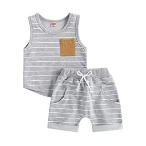 Toddler Baby Boy Summer Outfits Striped Sleeveless Tank Tops and Stretch Casual Shorts Pocket Set Cute Newborn Clothes (Gray, 12-18 Months) from allshope
