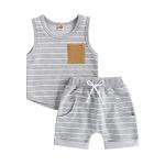 Toddler Baby Boy Summer Outfits Striped Sleeveless Tank Tops and Stretch Casual Shorts Pocket Set Cute Newborn Clothes (Gray, 12-18 Months) from allshope