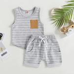 Toddler Baby Boy Summer Outfits Striped Sleeveless Tank Tops and Stretch Casual Shorts Pocket Set Cute Newborn Clothes (Gray, 12-18 Months) from allshope