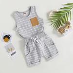 Toddler Baby Boy Summer Outfits Striped Sleeveless Tank Tops and Stretch Casual Shorts Pocket Set Cute Newborn Clothes (Gray, 12-18 Months) from allshope