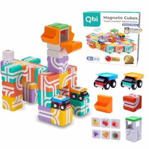 QBI Toy Supermarket Adventures: Grocery Mission, Magnet Building Tiles, 3D Colorful Magnetic Blocks Construction Educational STEM Toys for 2+ Year Old Boys & Girls Montessori Game (32 Pieces) from QBI