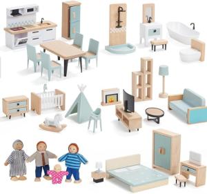 Wooden Dollhouse Furniture Set, 37pcs Furnitures with 5 Family Dolls, Dollhouse Accessories Pretend Play Furniture Toys for Boys Girls & Toddlers 3Y+ from Goli