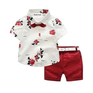 Toddler Little Boy Kids Summer Floral Shirt Bermuda Shorts Outfit Set Clothes (White/Red, 4T) by 