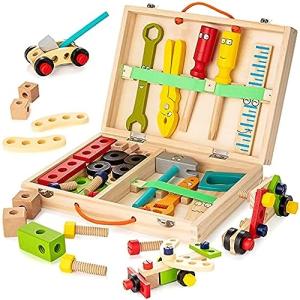 KIDWILL Tool Kit for Kids,Wooden Tool Box with 33pcs Wooden Tools,Building Toy Set,Educational DIY Construction Toy, STEM Toy,Creative Gift for Toddlers Boys Girls from KIDWILL