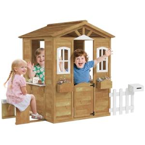 Outsunny Outdoor Playhouse for Kids Wooden Cottage with Working Doors Windows & Mailbox, Pretend Play House for Age 3-6 Years from Aosom LLC