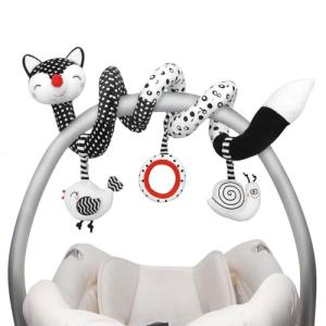 Euyecety Baby Spiral Plush Toys, Black White Stroller Toy Stretch & Spiral Activity Toy Car Seat Toys, Hanging Rattle Toys for Crib Mobile, Newborn Sensory Toy Best Gift for 0 3 6 9 12 Months Baby-Fox from Euyecety
