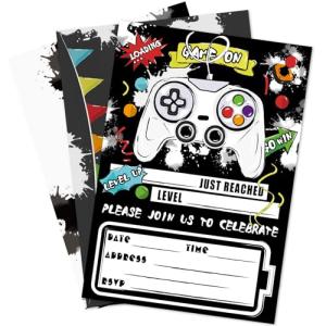 Watercolor Video Game Party Invites - 20 Set Fill-in Invitations with Envelopes for Boys Game Theme Birthday Party Supplies Double-Sided Printed Invitation Cards by WERNNSAI