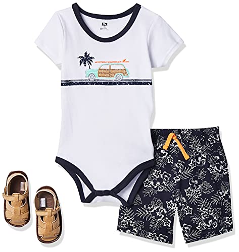 Hudson Baby Unisex Baby Cotton Bodysuit, Shorts and Shoe Set, Surf Car, 12-18 Months by Hudson Baby