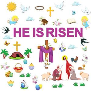 82pcs Easter He is Risen Bulletin Board Decorations, Easter Religious Jesus Spring Cutouts Classroom School Supplies for Christian Party Church Bulletin Board Window Wall Decor from OBUSATT