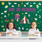 82pcs Easter He is Risen Bulletin Board Decorations, Easter Religious Jesus Spring Cutouts Classroom School Supplies for Christian Party Church Bulletin Board Window Wall Decor from OBUSATT