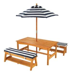 KidKraft Outdoor Table and Bench Set with Cushions and Umbrella, Kids Backyard Furniture, Navy and White Striped Fabric ,Gift for Ages 3-8 from KidKraft