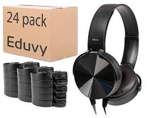 Bulk Headphones for Classroom, Pack of 24 Wired Head Phones for Kids. School Supplies for Teachers Elementary to College Students. School Headphones Pack. (Black) by Eduvy