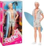 Barbie The Movie Ken Doll Wearing Pastel Pink and Green Striped Beach Matching Set with Surfboard and White Sneakers from Mattel