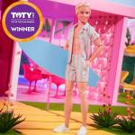 Barbie The Movie Ken Doll Wearing Pastel Pink and Green Striped Beach Matching Set with Surfboard and White Sneakers from Mattel