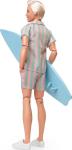 Barbie The Movie Ken Doll Wearing Pastel Pink and Green Striped Beach Matching Set with Surfboard and White Sneakers from Mattel