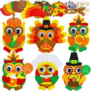 Winlyn 24 Sets Thanksgiving Owl Ornaments Decorations Art Sets DIY Thanksgiving Craft Kits Fall Crafts Pumpkin Sunflower Turkey Foam Stickers Arts and Crafts Googly Eyes for Kids Classroom Activities from Winlyn