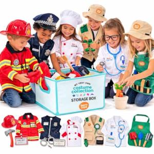 Born Toys 6-in-1 Kids Costumes for Boys & Girls -Kids' Dress Up & Pretend Play for Police, Firefighter, Doctor, Chef, Gardener & Explorer- Washable Toddler Dress up Clothes for Kids 3-7 w/Storage Box by Born Toys