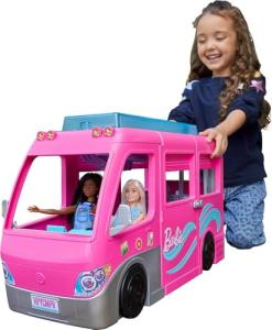 Barbie Dreamcamper Vehicle Playset, 2.5 Feet Tall with Rolling Wheels, 7 Play Areas, Pool, Slide and 60+ Camping Accessories, Gift for 3 Year Olds & Up from Mattel