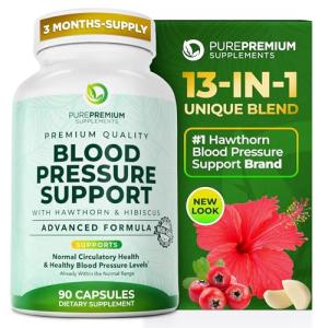 Premium Blood Pressure Support Supplement by PurePremium with Hawthorn & Hibiscus - Natural Anti-Hypertension for Cardiovascular & Circulatory Health - Vitamins & Herbs Promote Heart Health - 90 Caps from PurePremium Supplements
