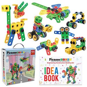 PicassoTiles STEM Learning Toys 105 Piece Building Block Set Kids Construction Engineering Kit Toy Blocks Children Early Education Playset w/ IdeaBook, Power Drill, Clickable Ratchet, Age 3+ PTN105 by Picassotiles