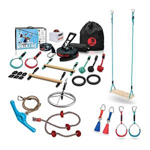 Slackers 56' Ultimate Ninjaline Obstacle Course w/ 15ft Extension - Includes Intro Kit, Ninja Twister, Ninja Rope, Spinner Wheel, Ninja Buzzer, and More - Ninja Warrior Kit - Ninja Course - Ages 5+ from b4Adventure