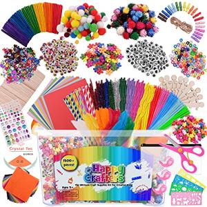 Arts and Crafts Supplies Kit for Kids- 1500+ Piece Box of Crafting Supplies for Age 4 5 6 7 8 9 10 11 & 12- Ultimate Art & Craft Set to Complete Your Craft Library for Toddlers and Preschoolers from Happy Crafters