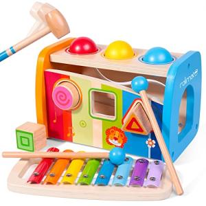 4-in-1 Hammering & Pounding Toys Montessori Toys for1 2 Years Old Wooden Educational Toy Shape Sorter Xylophone, Birthday Gift for Boy Girl Baby Toddler Kids Learning Interactive Toy Block Balls by fardream