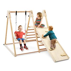 OLAKIDS Toddlers Triangle Climbing Set, 4 in 1 Foldable Kids Wood Montessori Climber Ladder with Ramp, Slide and Swing, Indoor Outdoor Playground Jungle Play Gym Structure for Boys Girls by Olakids