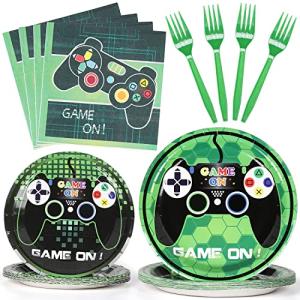 CLYMENE 96 Pcs Video Game Party Supplies | Video Gaming Tableware Set | GAME ON Birthday Party Decorations | With Paper Plates, Napkins, Forks | For Boy & Girl Gamers | Serves 24 Guests by CLYMENE
