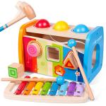 4-in-1 Hammering & Pounding Toys Montessori Toys for1 2 Years Old Wooden Educational Toy Shape Sorter Xylophone, Birthday Gift for Boy Girl Baby Toddler Kids Learning Interactive Toy Block Balls by fardream