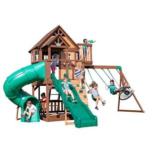 Backyard Discovery Skyfort All Cedar Swing Set, Elevated Covered Wood Roof Clubhouse with Bay Windows, 2 Belt Swings, Web Swing, 10ft Wave Slide, 5 ft Tube Slide, Covered Picnic Table, 5 ft Rock Wall from Backyard Discovery