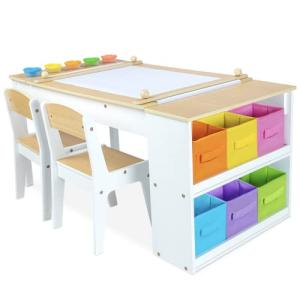 Milliard 2-in-one Kids Art Table and Art Easel Set with Chairs for Playroom, Toddler Craft and Play Wood Activity Table with Storage Bins and Paper Roll by Milliard