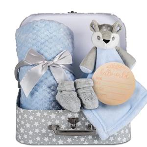 Baby Gift Set, Baby Blanket â New Baby Gifts Baby Deer Fawn Security Blanket Soft Fleece, Blue Fuzzy Blanket, Knit Booties & Baby Gift Basket Baby Boy Gifts for Baby Shower & Newborn Baby Gifts Lovey by Hoolaroo