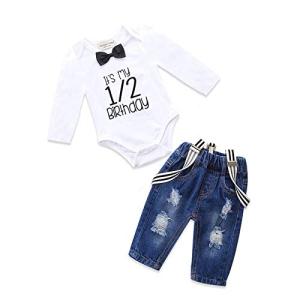Toddler Baby Boy Clothes Set Bowtie Romper Suspenders Ripped Denim Pants Outfits (Half Birthday-2Long, 6-12 Months) from Pinleck
