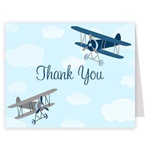 Airplane Thank You Cards Baby Shower Birthday Little Pilot Baby Boy Vintage Fly Retro Up Up and Away Navy Blue Biplane Folding Thank You Notes Thanks (50 count) from The Invite Lady