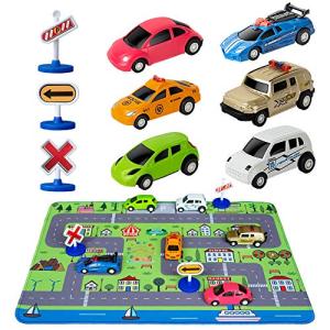 Car Toys with Play Mat, 6 Toy Cars, 3 Road Signs, 14" x 18" City Playmat, City Vehicle Set, Mini Pull Back Vehicle Toys for 3 4 5 Year Old Boys Toddlers by CHICKEN TOYS