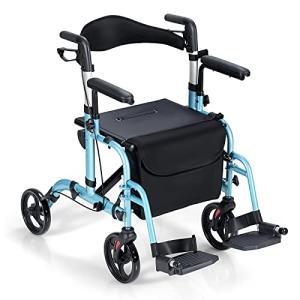 GYMAX 2 in 1 Folding Rollator Walker, 4-Wheel Aluminum Walker with Reversible Backrest, Adjustable Height & Cane/Umbrella Holder, Portable Rolling Wheelchair for Adults Seniors (Navy) by GYMAX