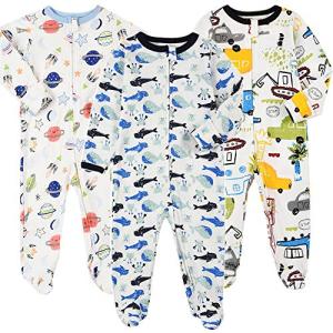 Baby Footed Pajamas Zipper with Mittens - 3 Packs Cotton Newborn Boys' One-Piece Footies Onesie Pjs Sleep and Play Overall (Space/Vehicle/Whale,0-3 Months) from 
