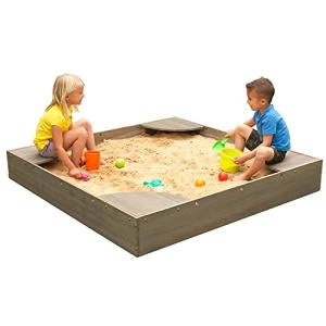 KidKraft Wooden Backyard Sandbox with Built-in Corner Seating and Mesh Cover, Kid's Outdoor Furniture, Gray, Gift for Ages 2-8 , Grey from KidKraft