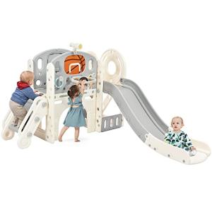 Merax 7-in-1 Kids Slide with Climber, Basketball Hoop, Tunnel, Telescope and Storage Space, Outdoor Indoor Slide for Toddlers Age 1+ (Gray) by Merax
