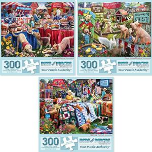 Bits and Pieces - Value Set of Three (3) 300 Piece Jigsaw Puzzles for Adults - Each Puzzle Measures 18" x 24" - 300 pc Desserts, Farm Animal, Quilting Jigsaws by Artist Larry Jones by Melville Direct